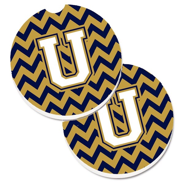 Carolines Treasures Letter U Chevron Navy Blue and Gold Set of 2 Cup Holder Car Coaster CJ1057-UCARC - main